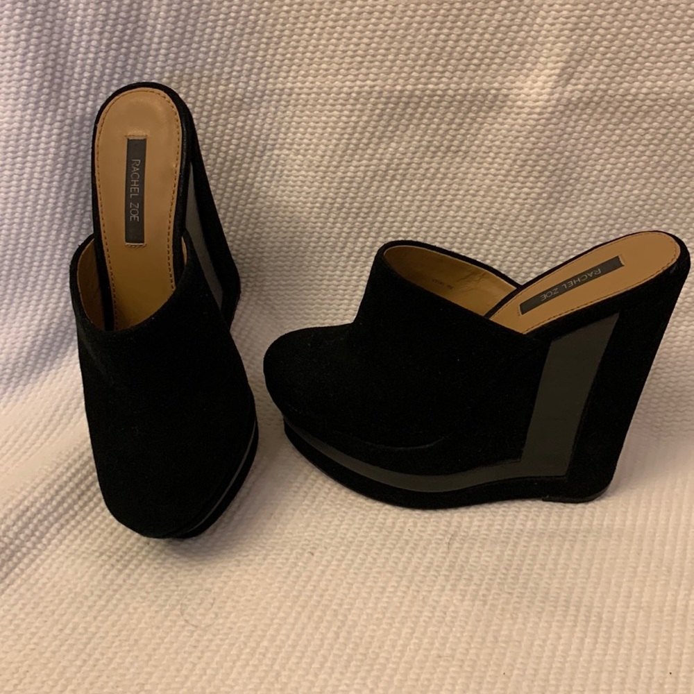 Rachel Zoe black suede and wood wedges platforms size 6